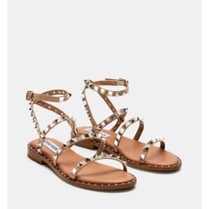 Steve Madden Travel Tan Vegan Leather Studded Sandals Size 7 Cushioned